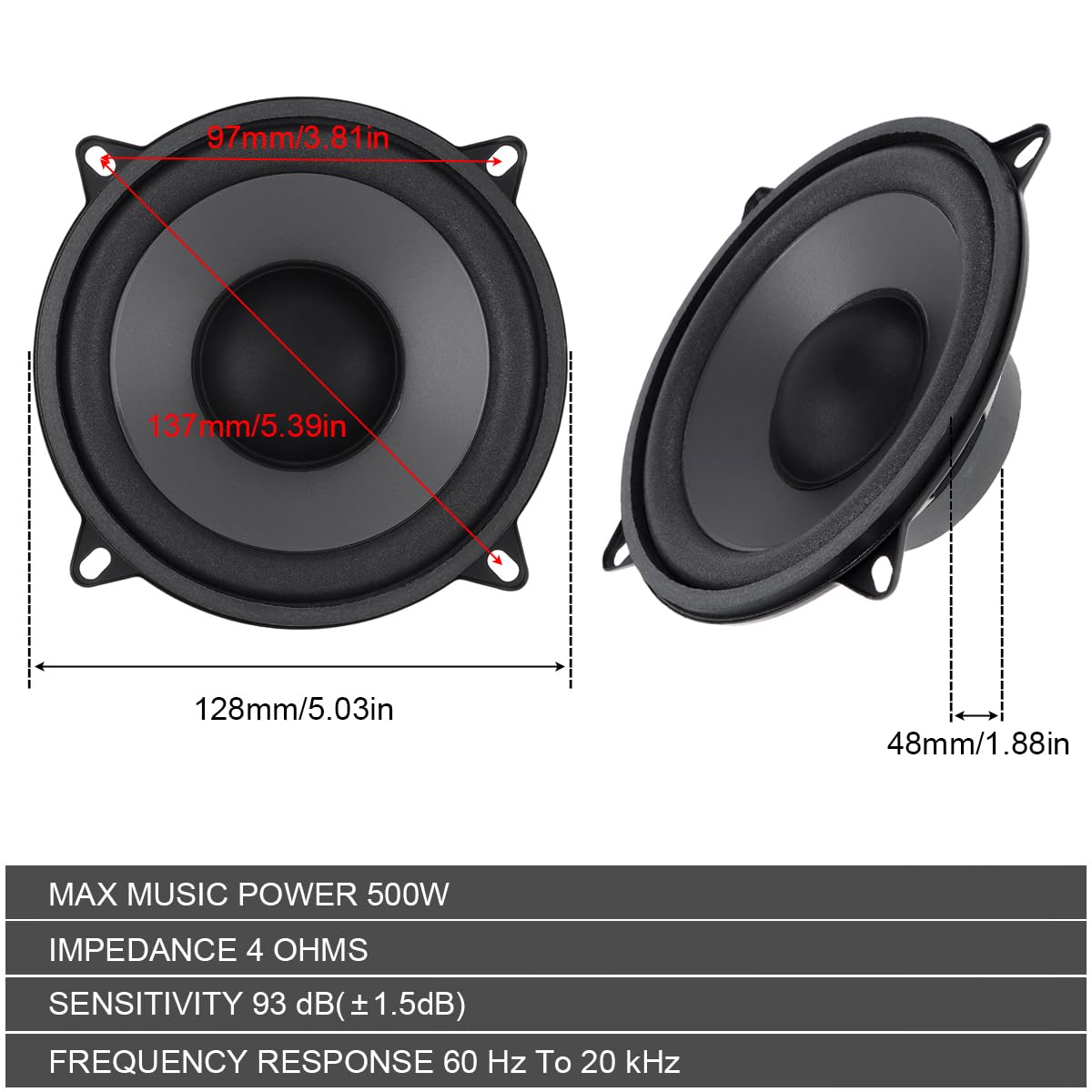 DriSentri - Altavoces coaxiales de alta fidelidad de 2 vías de 5 pulgadas y 500 W para coche, puerta de vehículo, audio automático, música estéreo, rango completo