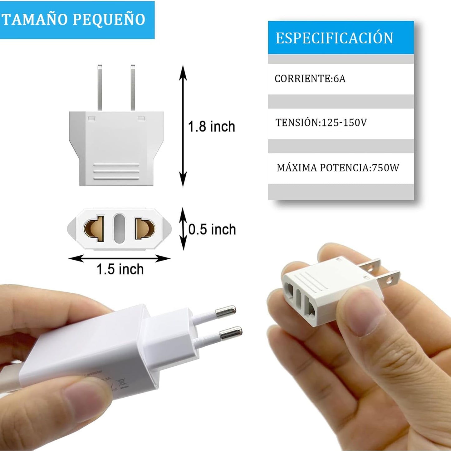Adaptador de Enchufe MHKBD Blanco, Pequeño Adaptador de Viaje, Europa a EE.UU. y México