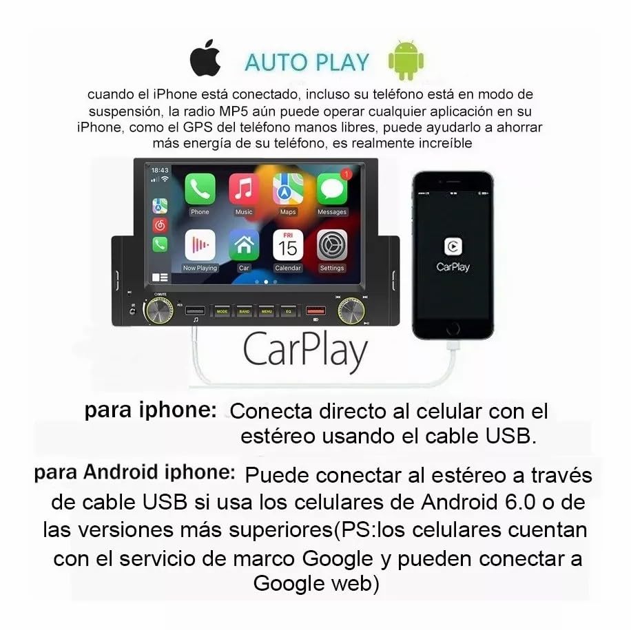 FINYQBET Estéreo para Auto con Pantalla ,Pantalla para Auto 6.2in 1din Carplay Carlife D-Play Mp5+Camara 12 LED Cámara Trasera Radio FM AUX admite MP3 externos, teléfonos móviles