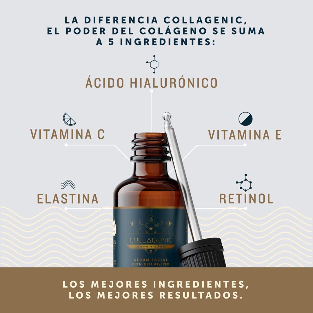 Collagenic | SerumAclarante y Antiedad 4 en 1| Vitamina C y Colágeno Hidrolizado 50 ml | Serum Facial facial| Adicional con Acido Hialurónico, Retinol, Vitamina E y Elastina | 60% más contenido