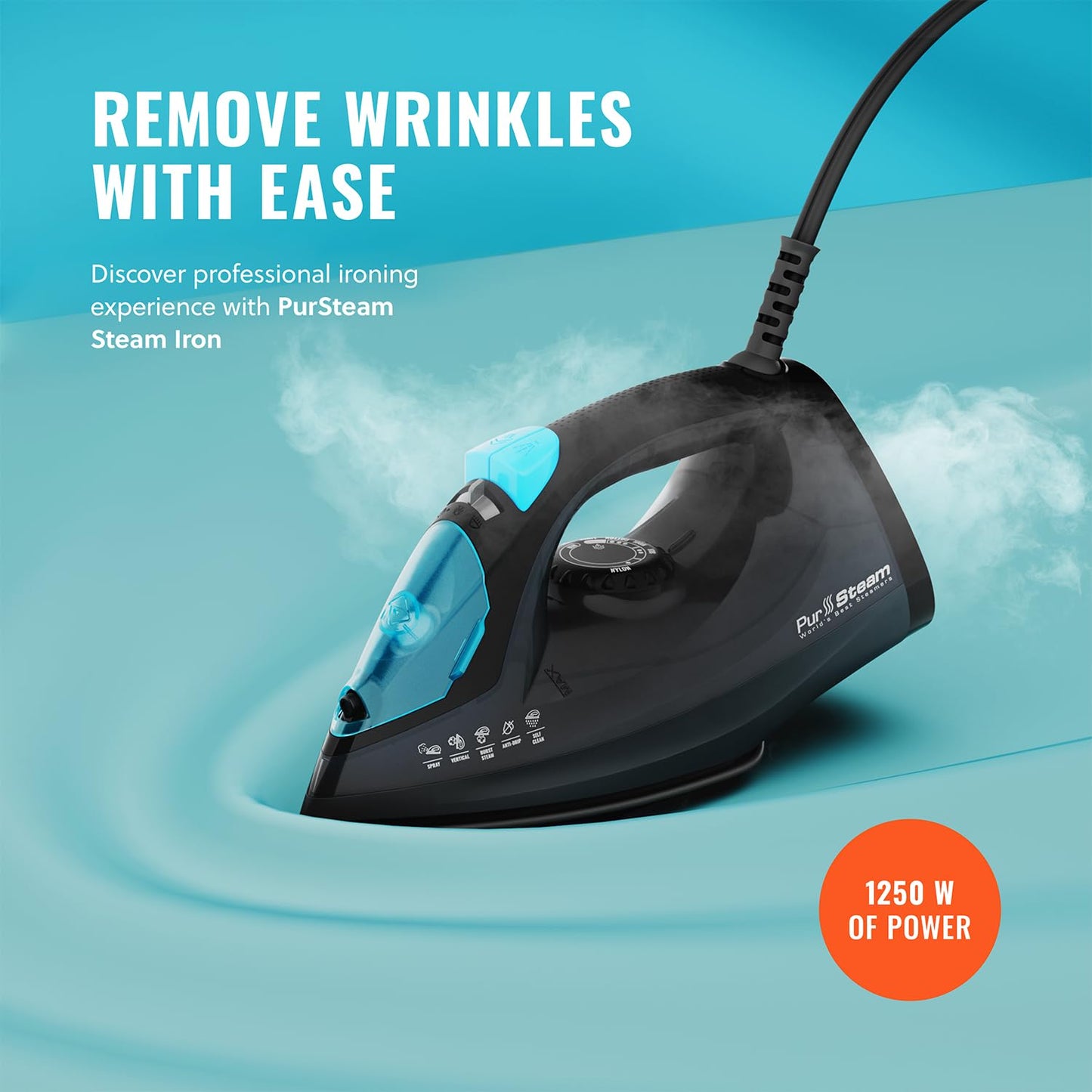 PurSteam Professional - Plancha de vapor de 1250 W, potente vaporizador con ráfaga de vapor y pulverización, suela antiadherente, fácil control de temperatura y apagado automático