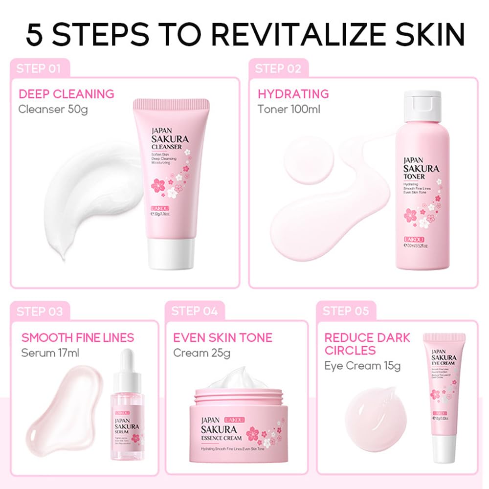 Yasovigi- Kit de cuidado de la piel Sakura para mujeres adolescentes, 5 piezas de cuidado de la piel, set de regalo de viaje con limpiador, tónico,