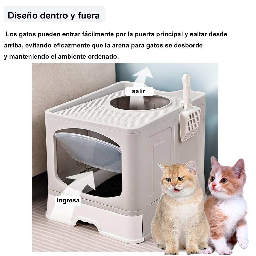 Arenero/Inodoro para Gato con Pala de Plegable, Caja de Arena para Gatos Removibles 51*44*41cm con Puerta Superior&Puerta Lateral Móvil de dos Direcciones, Antiolor y a Prueba de Salpicaduras (Azul)