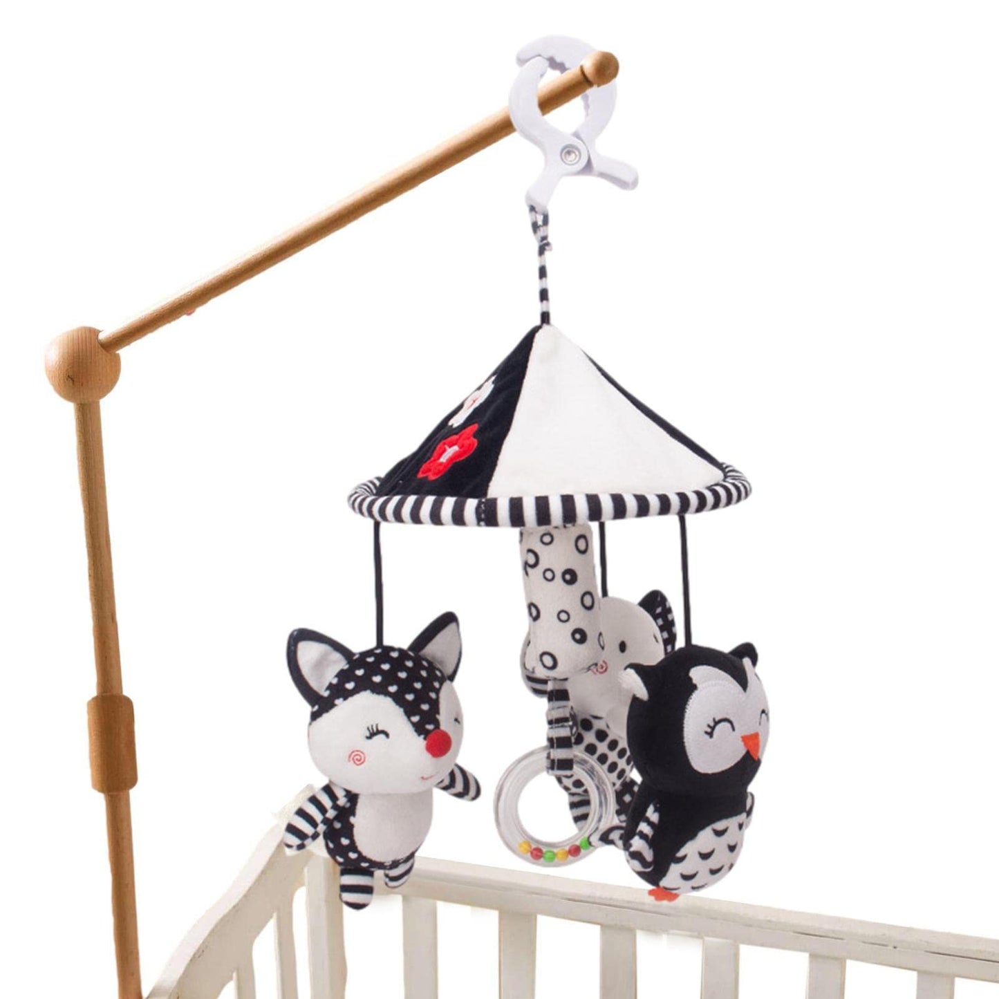 Cuna móvil – Chupete móvil en blanco y negro | Cuna portátil decoración la selva juguetes reconfortantes peluche búho elefante muñeca recámara decoración cabina Sritob