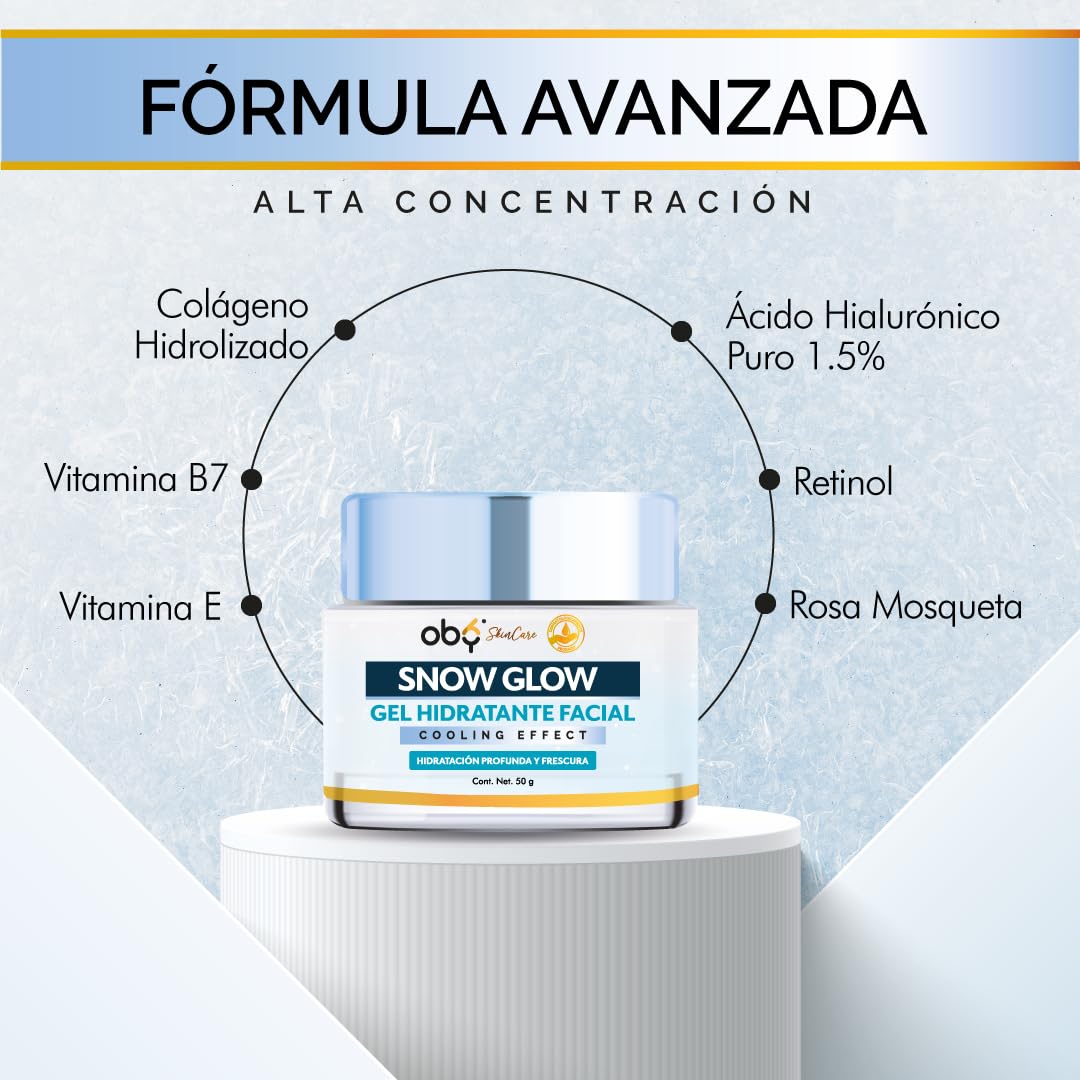 Oby Gel Hidratante Facial Con Acido Hialuronico, Rosa Mosqueta, Retinol, Vitamina E, Colageno, Vitamina B7. Efecto Frio | Oby Snow Glow Skin Care