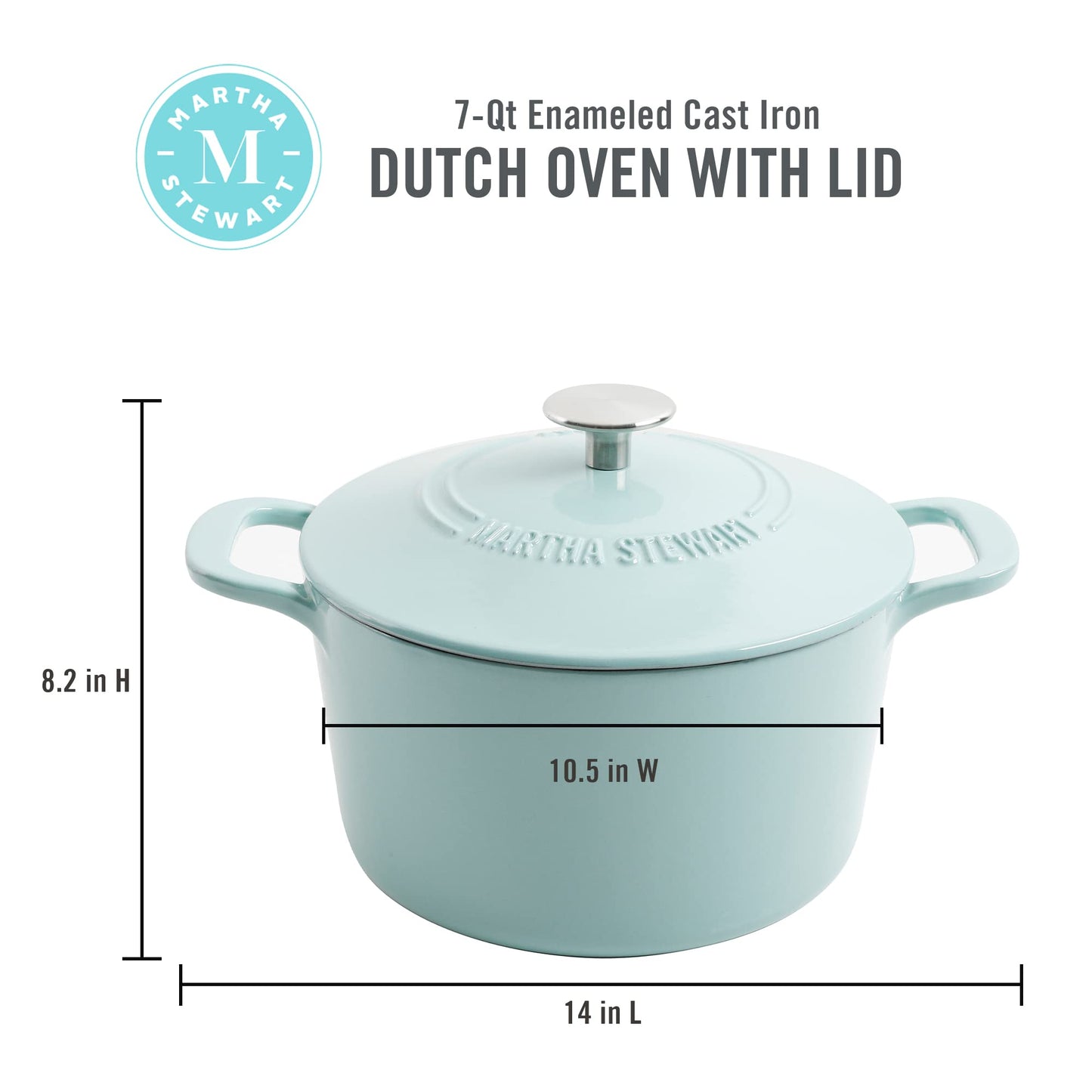 MARTHA STEWART Gatwick - Olla para horno holandesa de hierro fundido esmaltado de 7 cuartos con tapa, color azul Martha