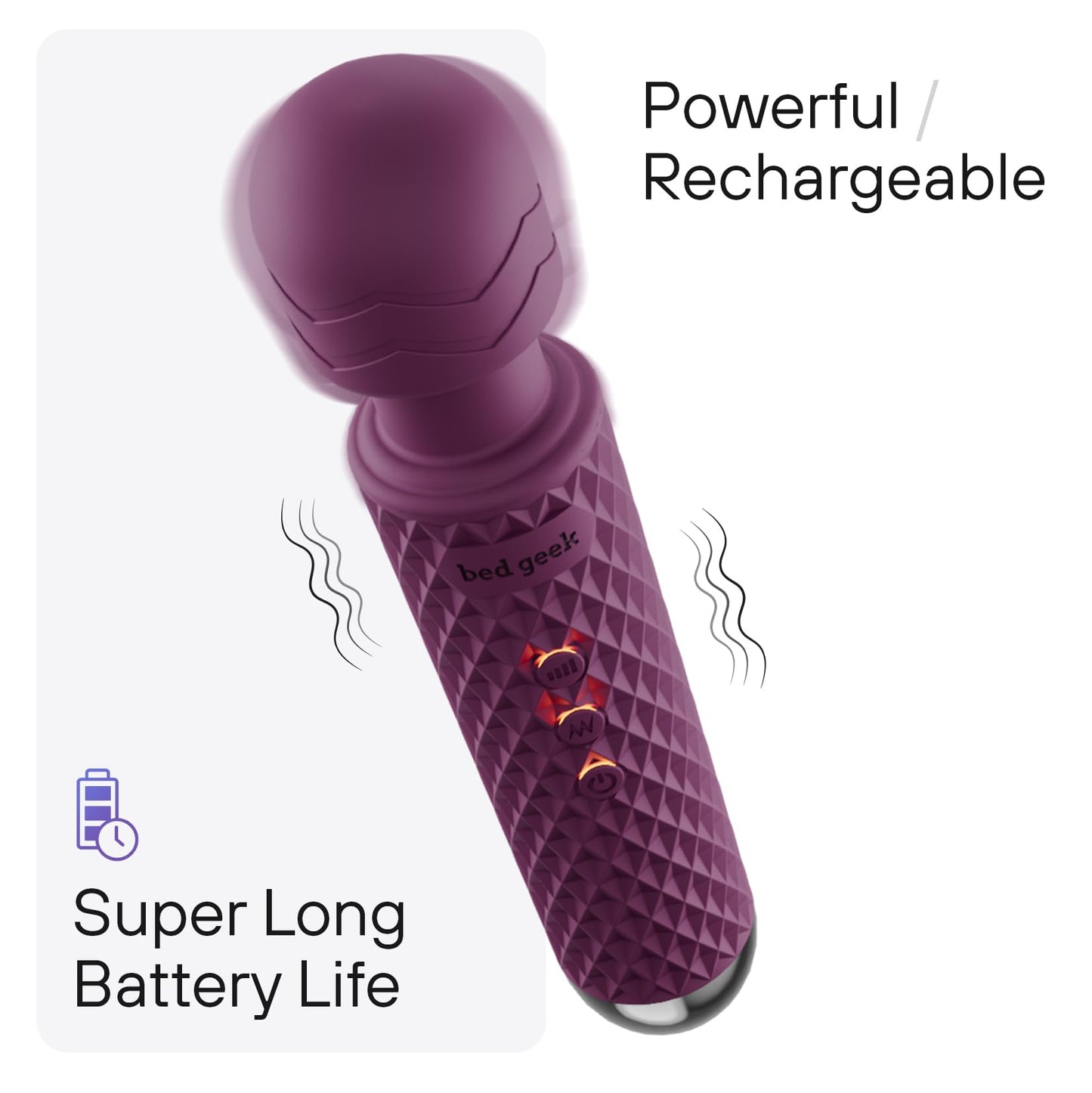 bed geek Wand Masajeador Corporal Personal Inalámbrico de Mano con Función de Memoria, Resistente al Agua, Recargable por USB, 20 Patrones de Vibración, 8 Velocidades, Silicona Suave para la Piel