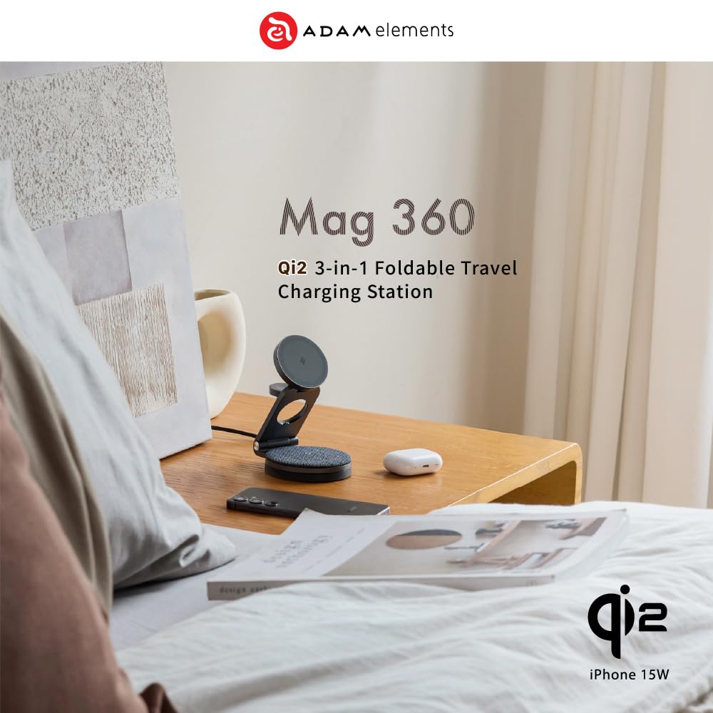ADAM Elements Qi2 Cargador inalámbrico magnético/cargador de viaje plegable – Mag 360 Qi2 3 en 1 estación de carga rápida plegable de viaje 15 W para iPhone 12/13/14/15/16 Series, Apple Watch y