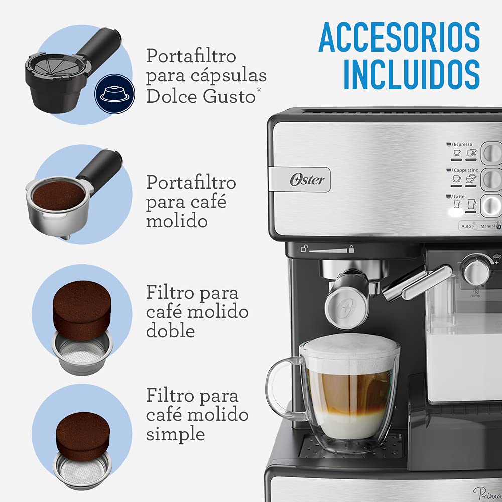 Oster® Cafetera Automática PrimaLatte™, para Espresso, Cappuccino y Latte, Plateada