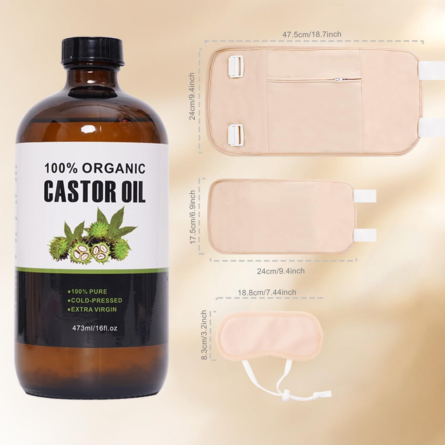 XIKERAY - Aceite de ricino orgánico prensado en frío sin refinar (16 onzas/473 ml), paquete de aceite de ricino reutilizable, algodón orgánico, kit de aceite de ricino para cintura, rodillas y cuello