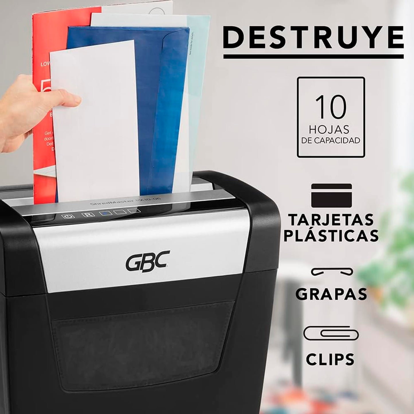 GBC Trituradora de papel y grapas, ShredMaster PX10-06, Corte Súper Cruzado P-4 de 10 hojas, con Cesto de 23 Litros. 1757405
