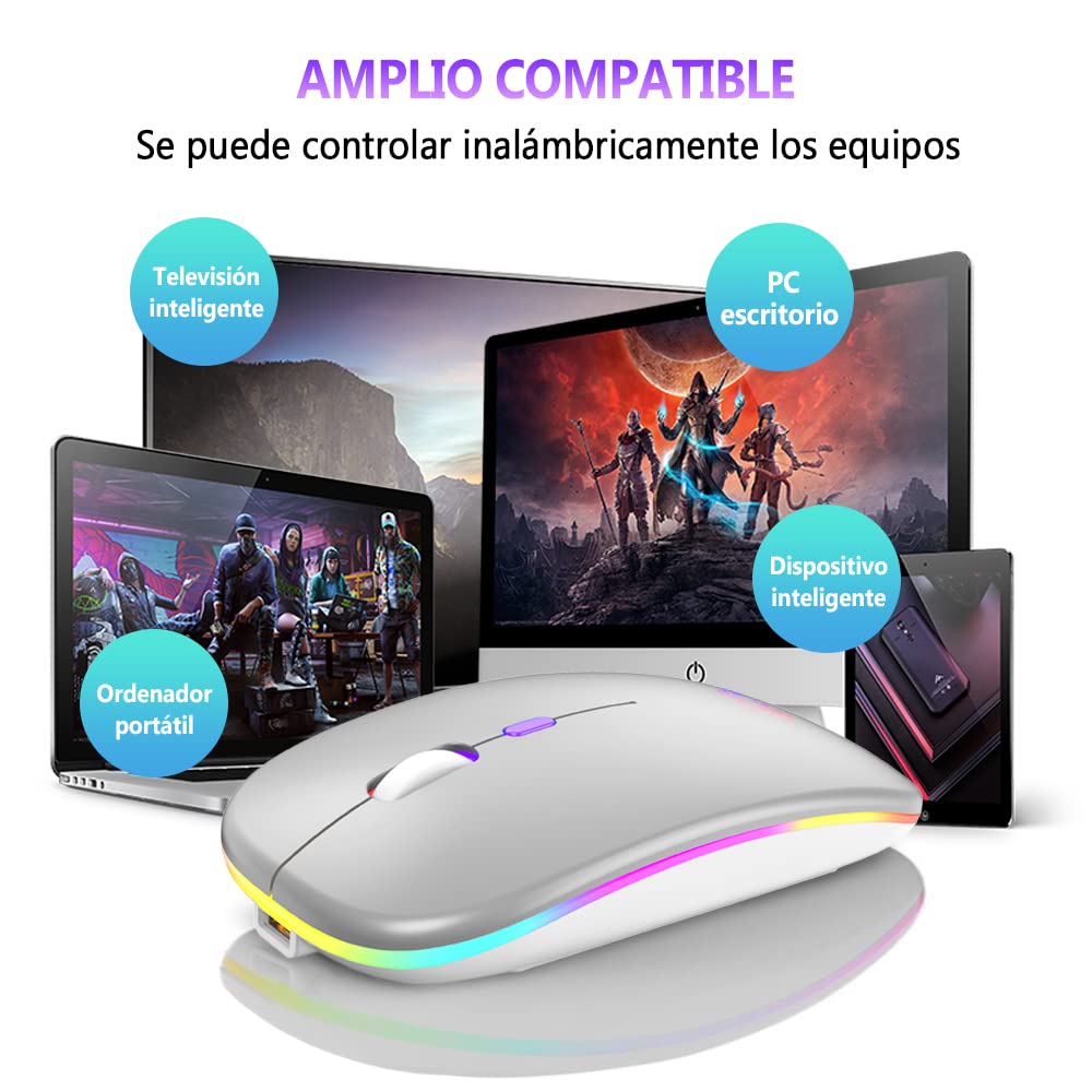 Free wolf X15 Mouse Inalámbrico, Wireless óptico Recargable 2.4 G Ergonómico Silencioso Click con Receptor USB 3(800/1200/1600) Ajustable dpi Ratón para Computadora,Portátil,PC,Mac (Plata)
