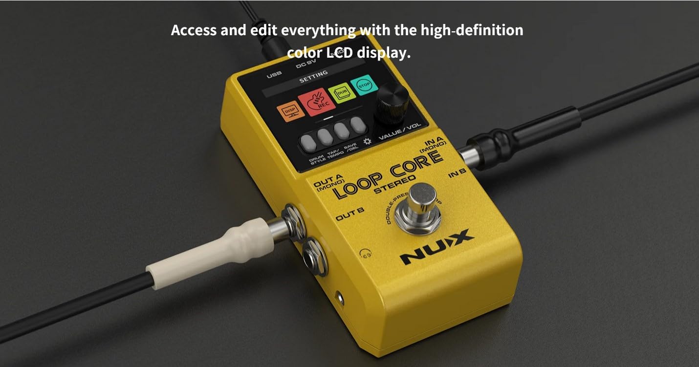Pedal de Sonido de Guitarra NUX Loop Core Amarillo con Grabación de 6 Horas y Control MIDI