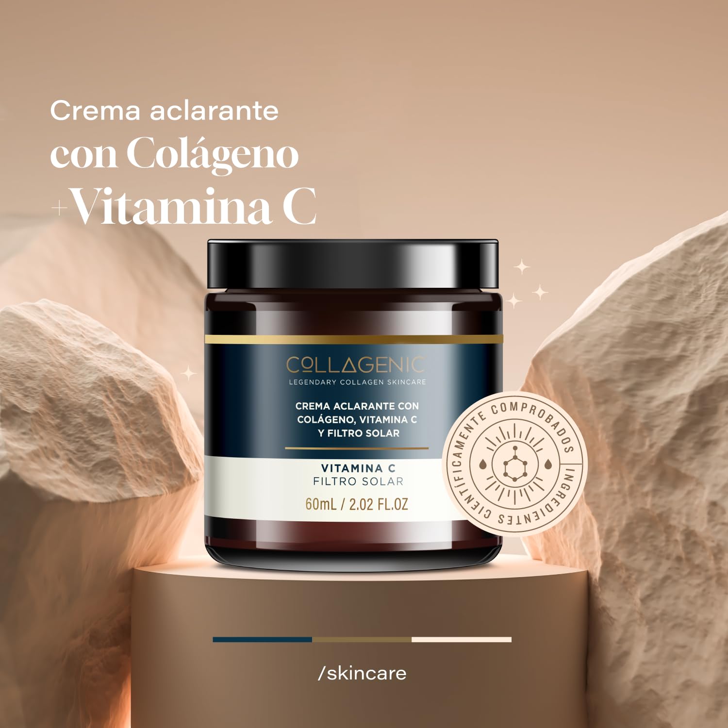 COLLAGENIC Crema Aclarante Facial con Vitamina C y Colágeno Hidrolizado | Crema de Día con Filtros Solares para Unificar el Tono de Piel | Bloqueador Solar Antioxidante para Rostro y Cuello, 60ml