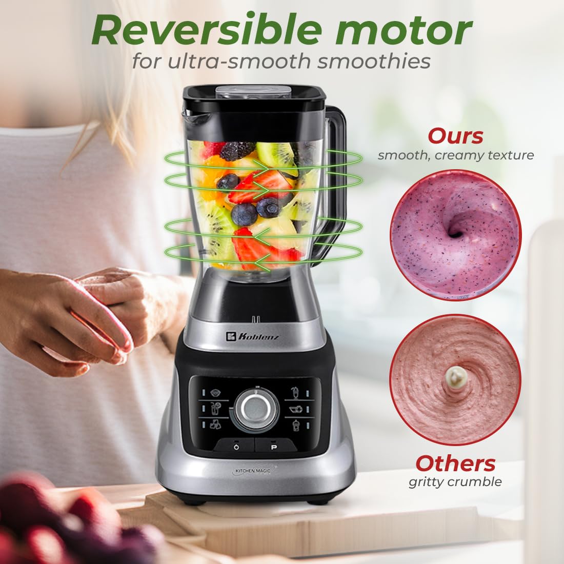 Koblenz Licuadora Profesional LKM-9610, Tecnología Reversible, 1400W, 2L Vaso Tritán +2 Vasos Personales 900ml, Perilla de Velocidad Ajustable, 6 Programas Automáticos, Sistema Metálico, Plateado