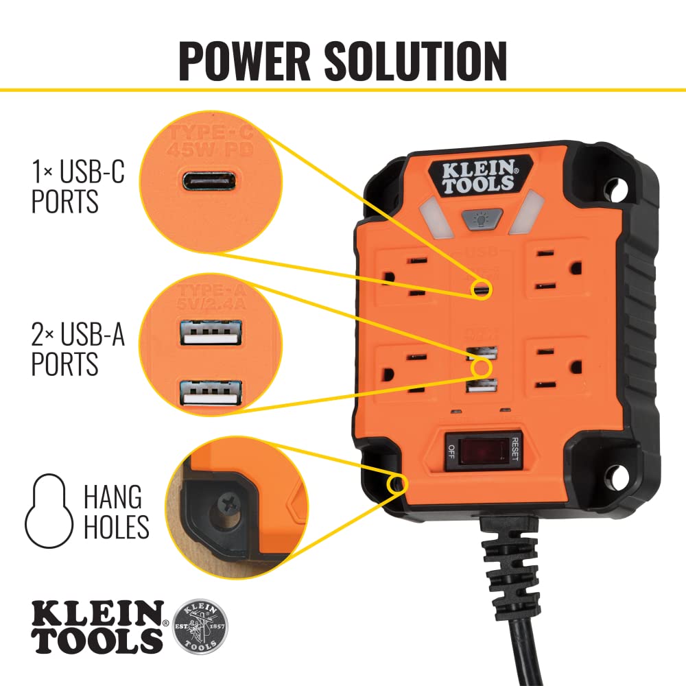 Klein Tools 29601 Multicontacto magnético con Protector de sobretensión, Cable de extensión, 4 Tomas, 3 Puertos USB, Cable de 1.5 Metros, con luz, PowerBox 1