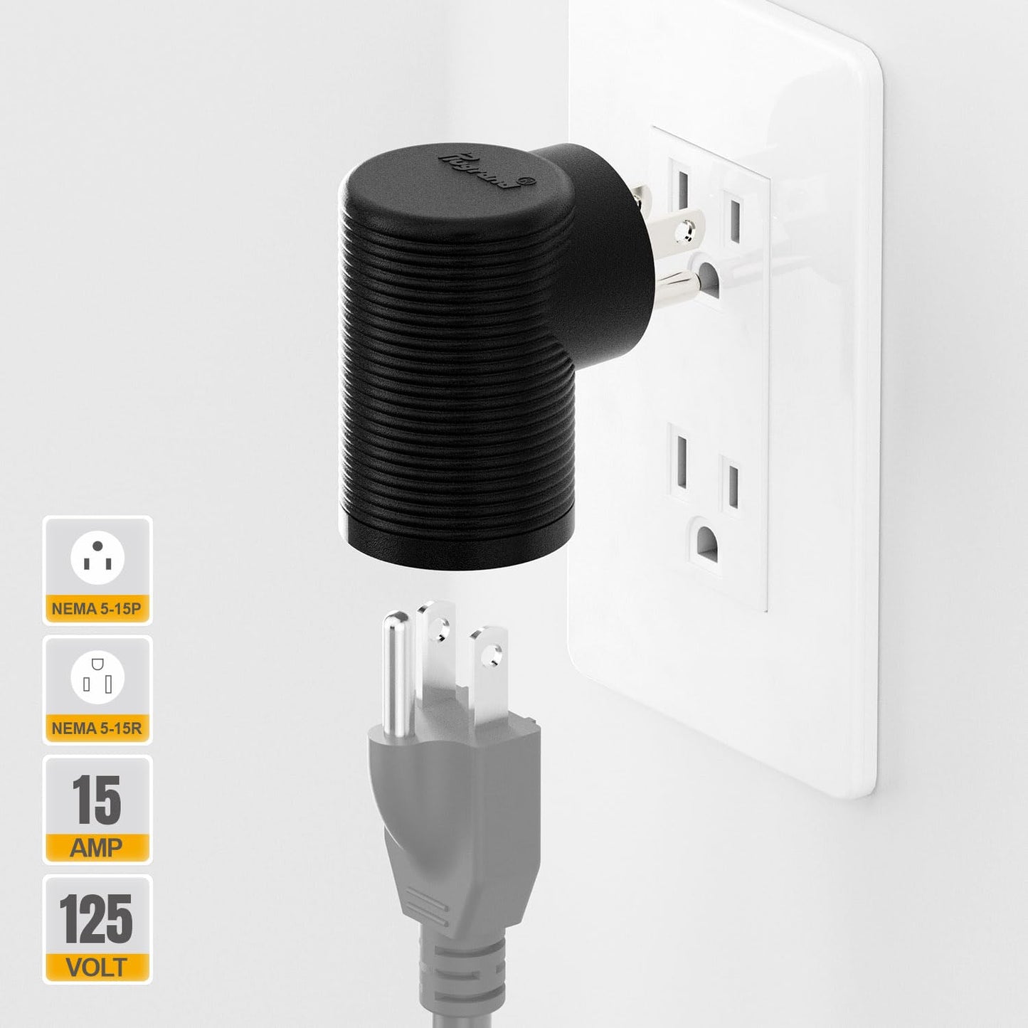 Adaptador de Corriente Plugrand Negro Ángulo Recto NEMA 5-15R a 5-15P 90 Grados