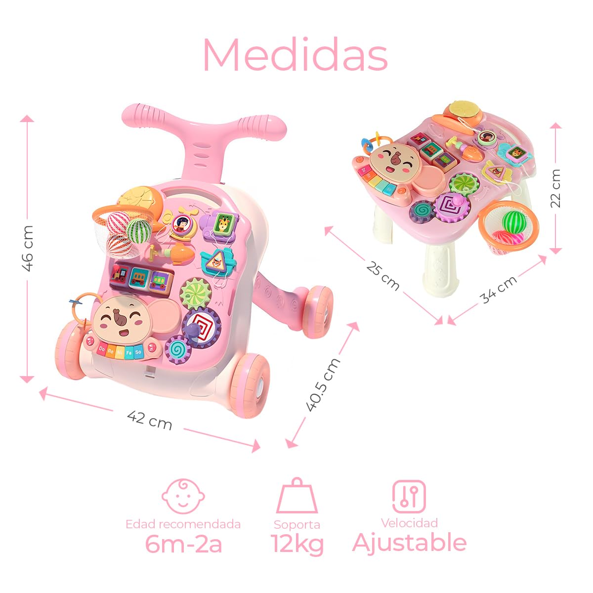 Andadera Musical Raganet Rosa 2 en 1 con Mesa de Actividades y Panel de Juego Extraíble para Bebés