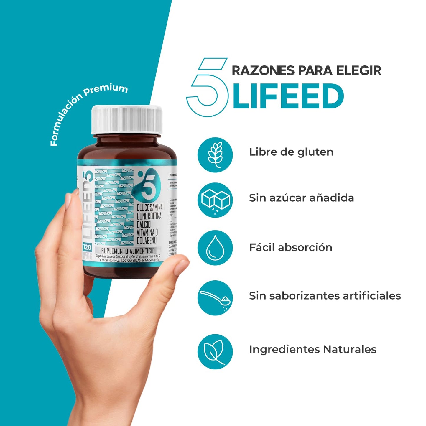 LIFEED 120 Cápsulas de Glucosamina y Condroitina | Colageno Hidrolizado, Calcio y Vitamina D | Suplementos Alimenticios para Articulaciones, Huesos y Músculos, Multivitaminico Hombre y Mujer Joint Support, 1 al día