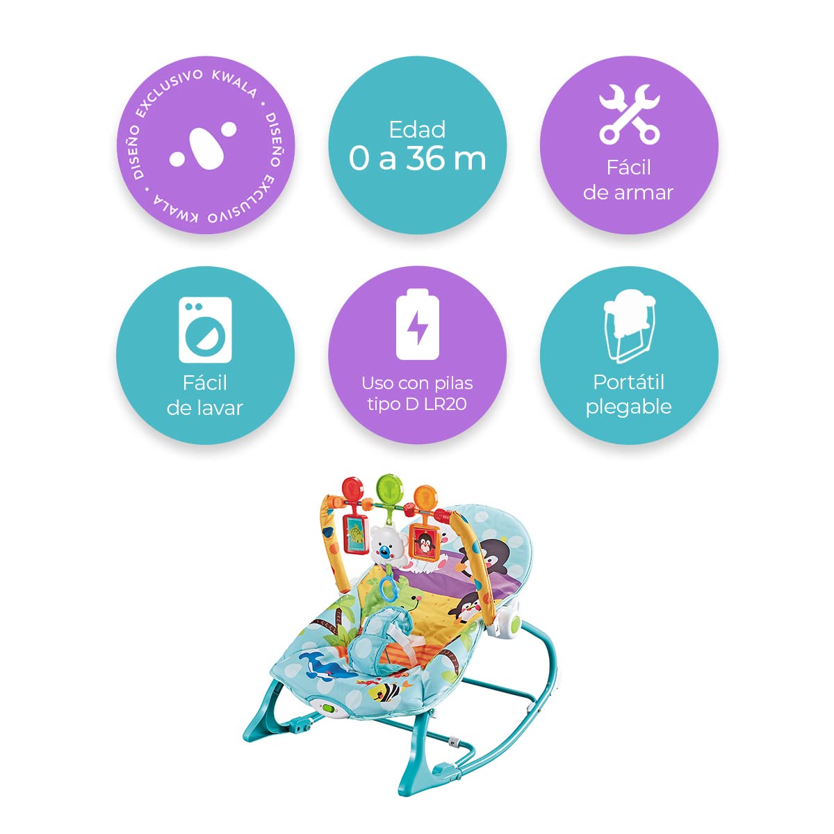 Silla Mecedora Raganet Verde Agua con Barra de Juguetes Desmontable para Bebés y Niños