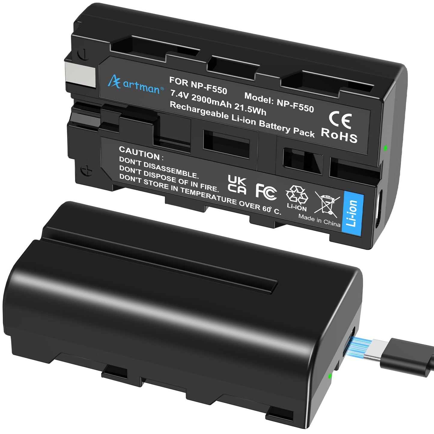 Artman Batería Mejorada NP-F550 2900mAh 2-Pack con Puerto de Carga Directa Tipo-C para Sony NP-F970 F750 F550 F330 F530 F570 F770 F960, CCD-SC55, TR516 TR716 TR818 TR910 TR917 Luz LED, Monitor (Negro)
