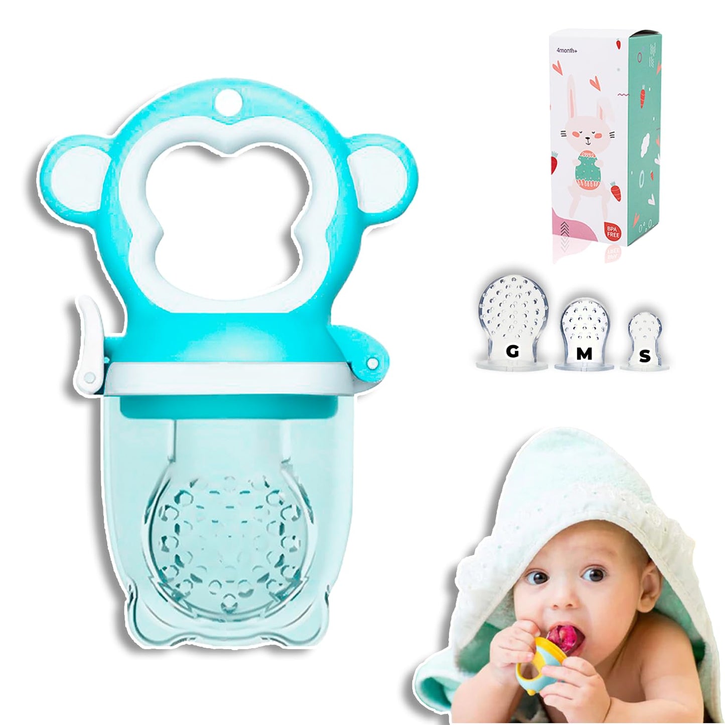 Chupón alimentador para frutas y papillas con seguro y tapa, 4 meses, dibujos animados (monkey azul)