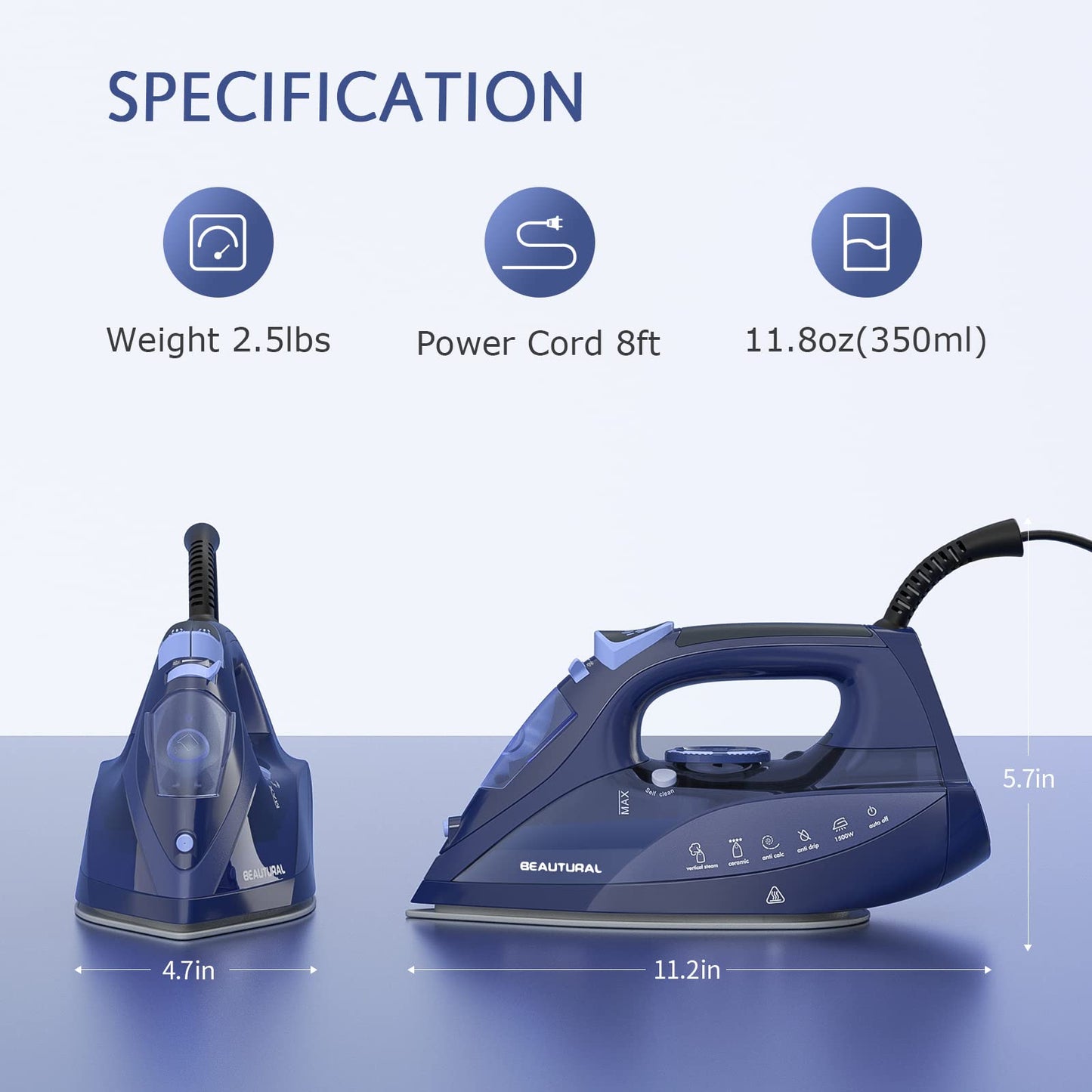 BEAUTURAL Plancha de vapor para ropa con esfera de termostato de precisión, suela recubierta de cerámica, 3 vías, auto-limpieza, anticalcio, antigoteo