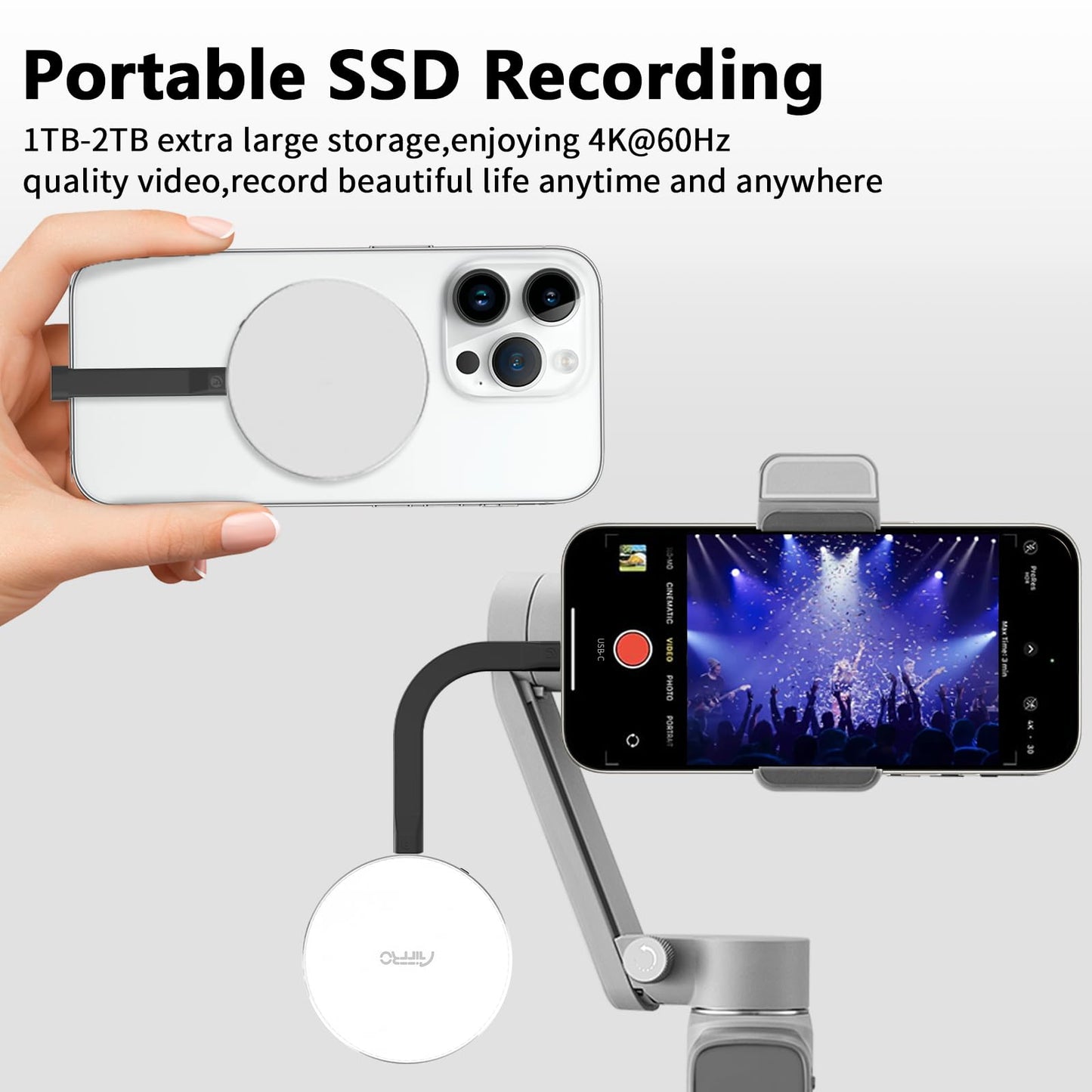 Disco Duro Portátil Aiffro PSSD 1 TB Magnético para iPhone MagSafe con Alta Velocidad 2000 MB/s y Conectividad USB-C 3.2 Gen 2x2 20 Gbps