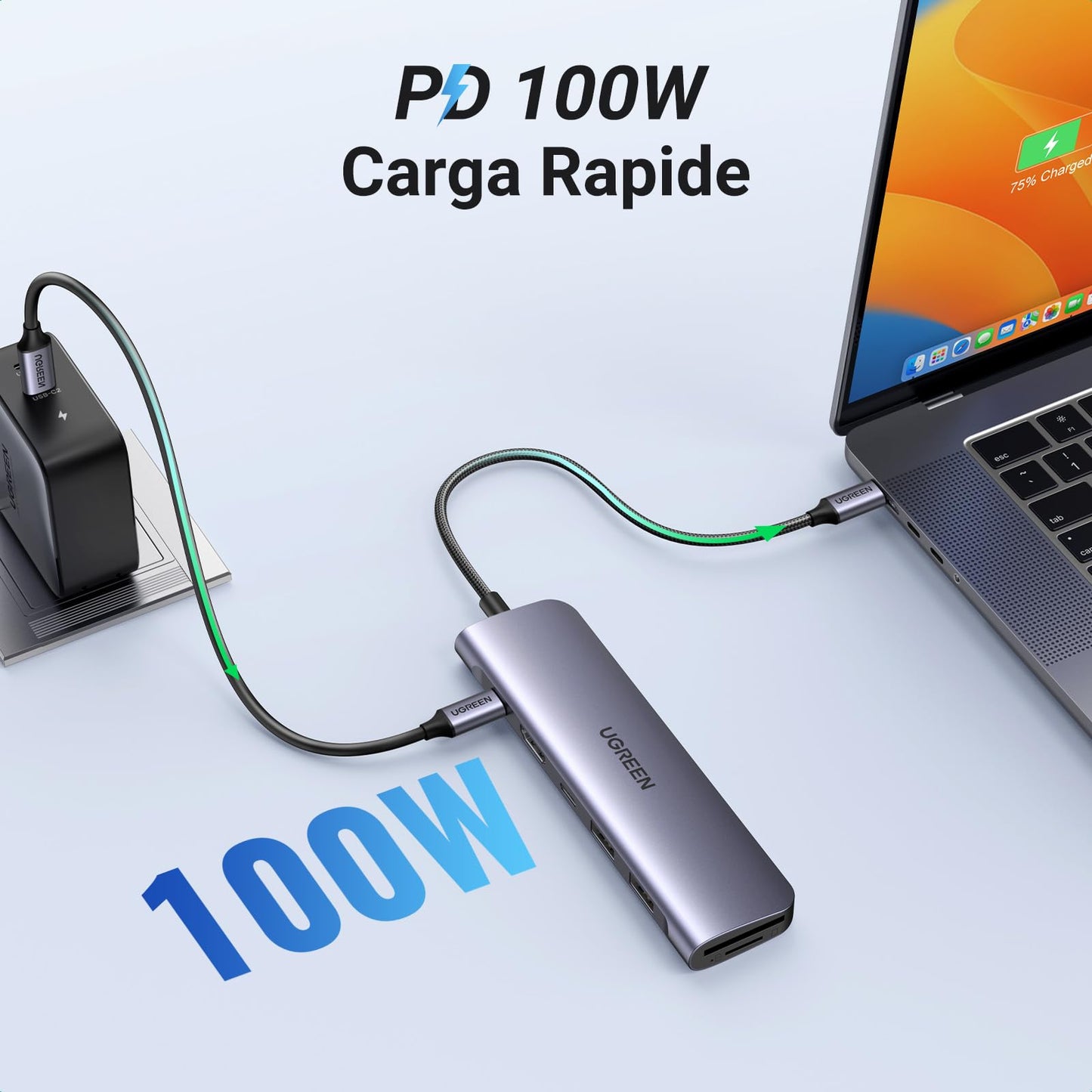 Adaptador USB C UGREEN Plateado 7 en 1 con HDMI 4K y Lector de Tarjetas para Macbook y más