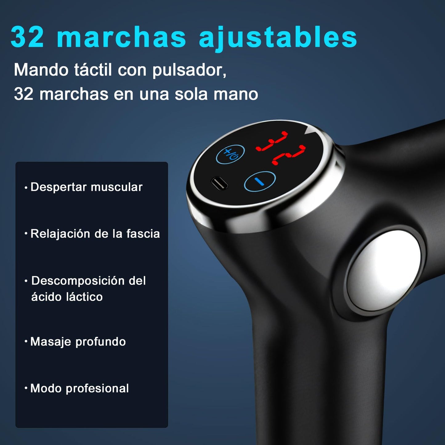 Pistola de Masaje Muscular, Masaje Eléctrico Mano con 8 Cabezales y 32 Velocidades Ajustables,Masajeador Muscular De Tejido Profundo para Atletas, Masajeador Deportivo Eléctrico Portátil de Relajación