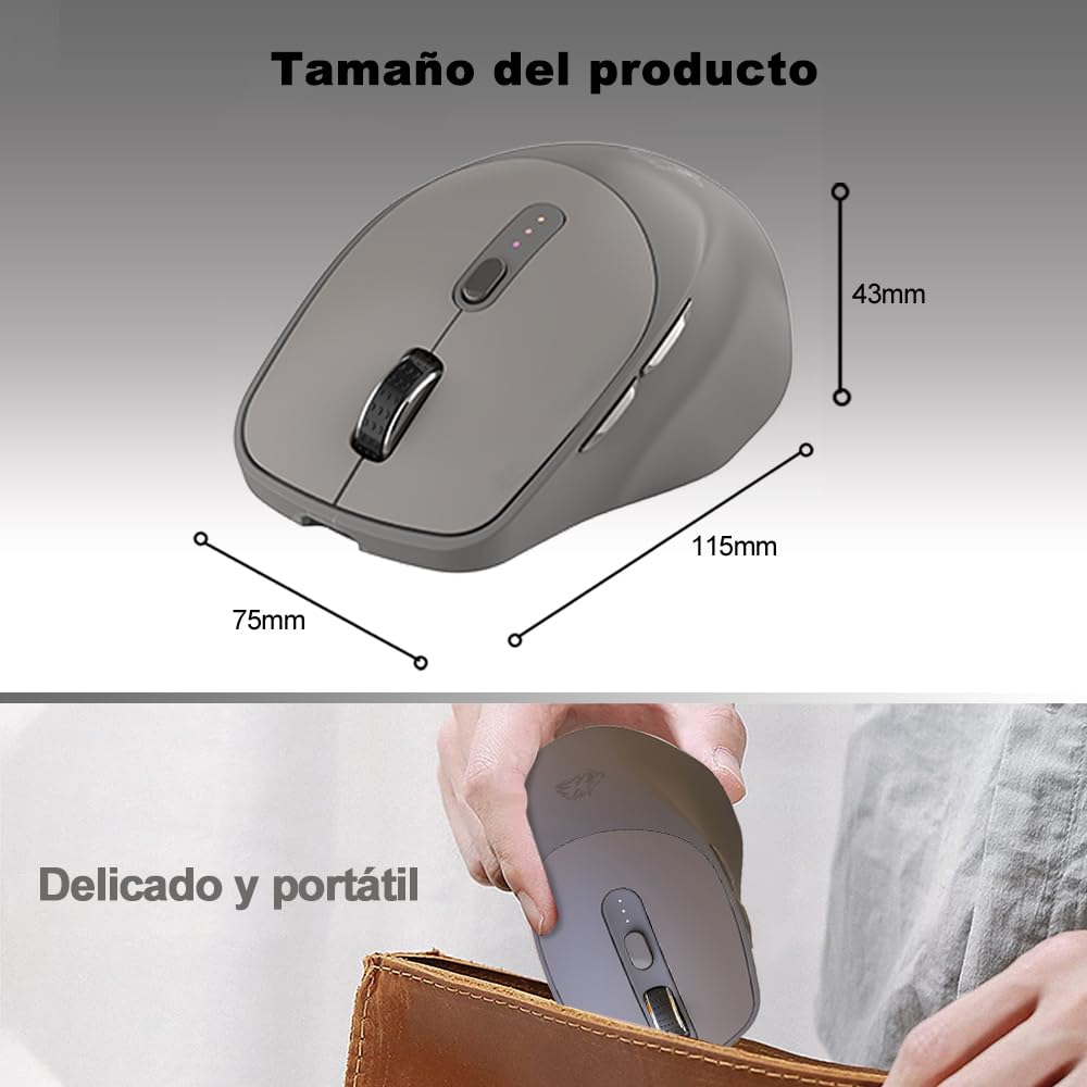 Free wolf X7 Mouse Inalámbrico, Mouse Bluetooth/2.4G Modos Dual, Ratón Recargable y Ergonómico con Indicador de Batería, Click Silencioso, para Computadora, Portátil, Tableta, Teléfono (Negro)