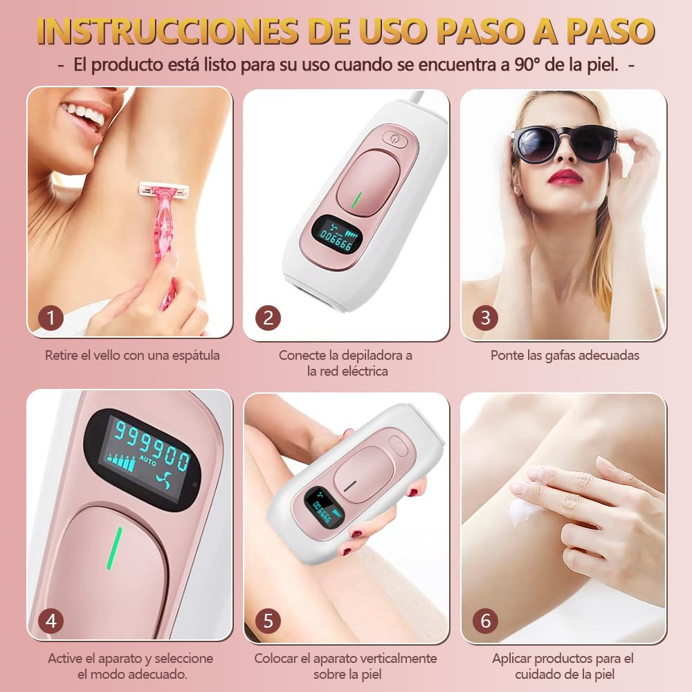 Depiladora Renmte Rosa Luz Pulsada con Cepillo y Gafas para Todo el Cuerpo