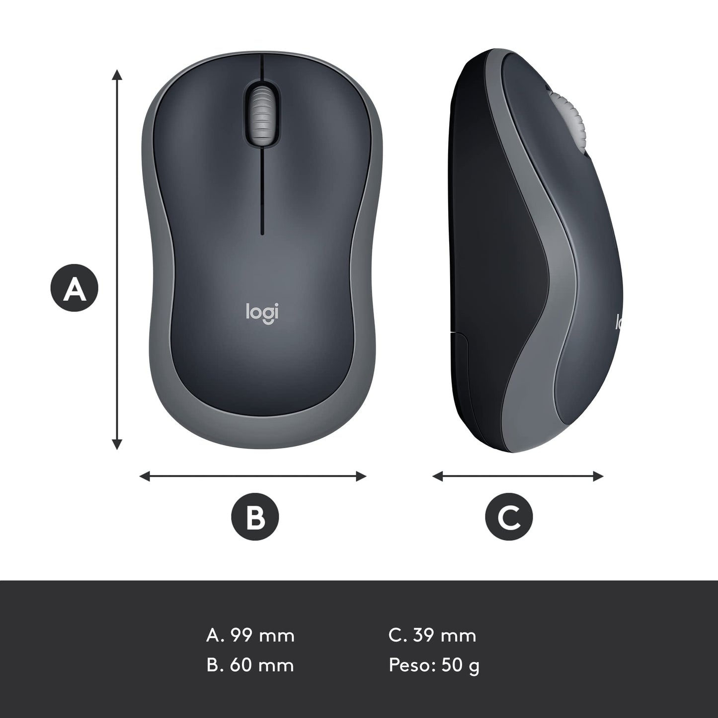 Logitech M185 Mouse Inalámbrico, 2.4GHz con Mini Receptor USB, Batería de 12 Meses, Seguimiento Óptico con Resolución de 1000 dpi, Ambidiestro, Compatible con PC, Mac, Laptop - Negro/Gris