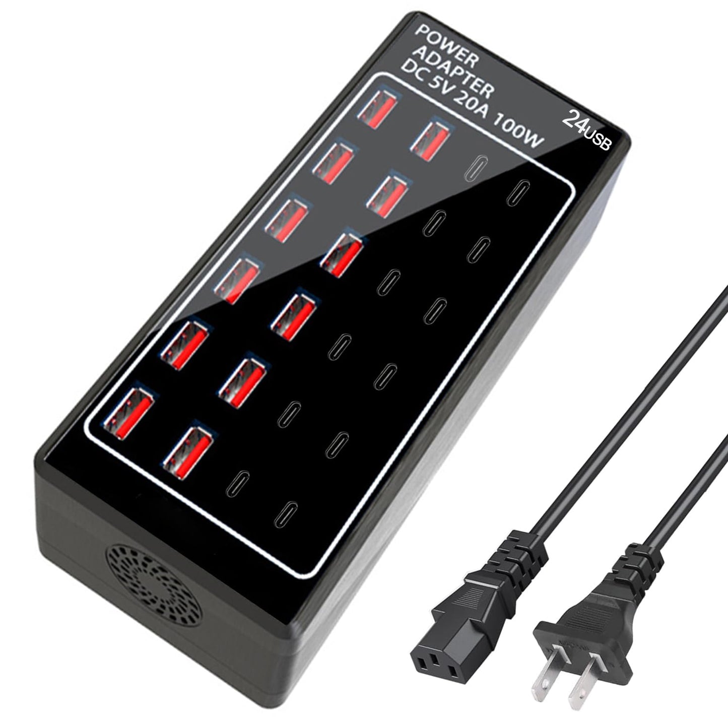Cargador USB, bloque de cargador USB C, 100 W (20 A), 24 puertos, múltiples USB, cargador de pared, 12 USB A 12 USB C compatible con Apple iPhone, iPad, Samsung Galaxy, portátil, Pixel, teléfonos