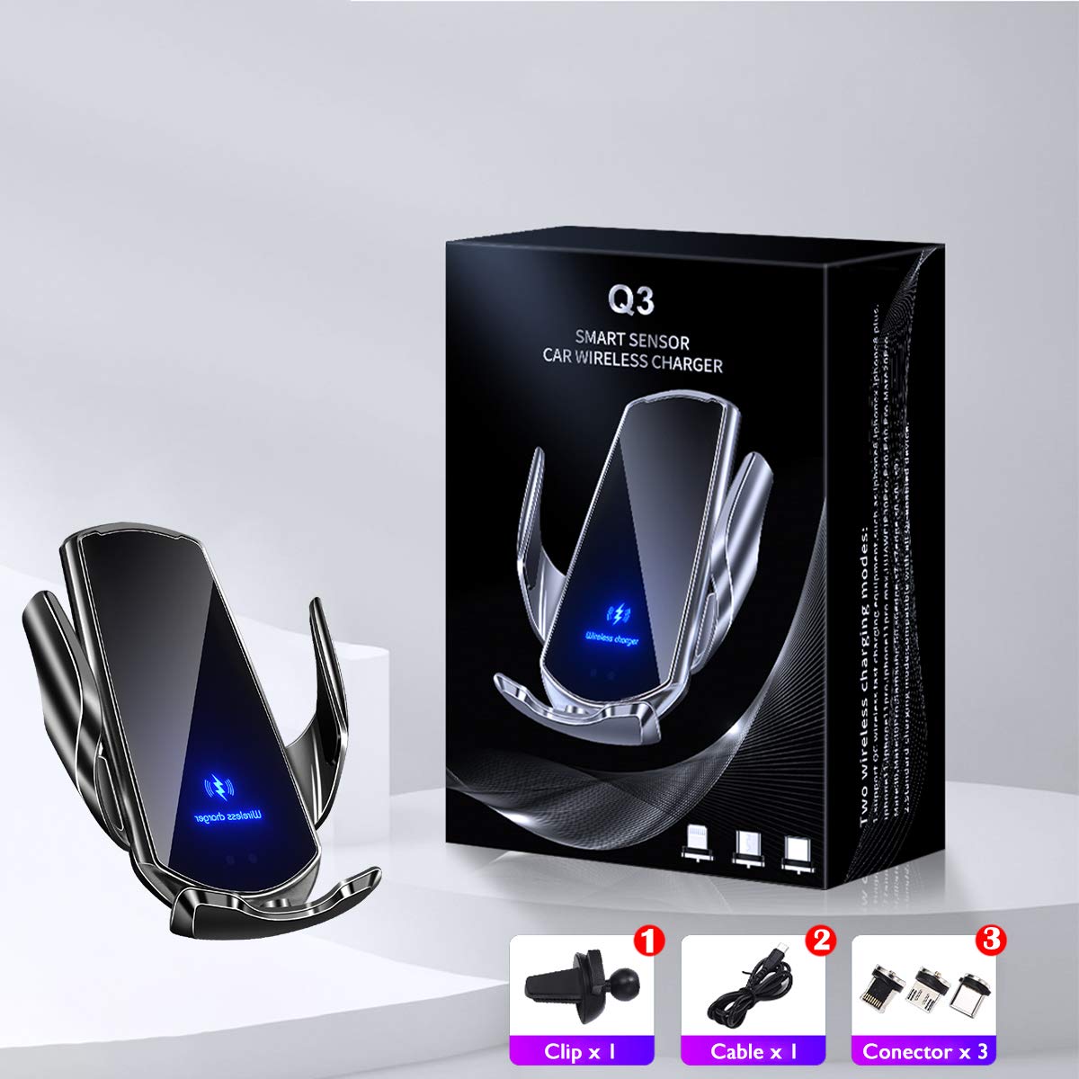 DQST Cargador de Coche Inalámbrico, Soporte de Teléfono para Coche, Soporte Cargador 2 en 1, Sujeción Automática, Soporte de Ventilación para Todos Teléfonos Móviles con Función de Carga Inalámbrica
