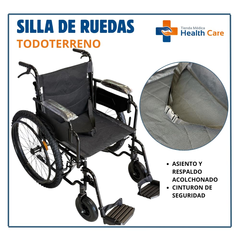 CARRE - SILLA DE RUEDAS PARA ADULTO TODO TERRENO DE LUJO NEUMATICA, RESISITENTE PLEGABLE, DESCANSAPIES REMOVIBLE, DESCANSABRAZOS REMOVIBLE, RESPALDO PLEGABLE, ACERO ESMALTADO SCT-002