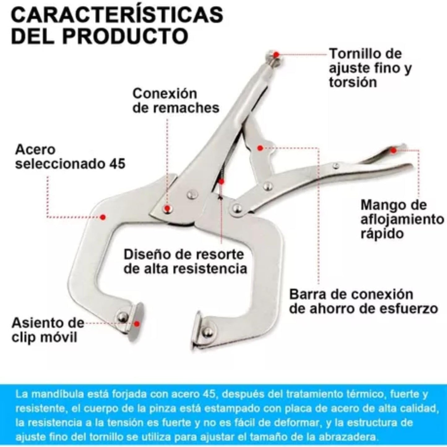 Pinza de Presión Tipo "C" Autoajustable de Metal, Seguridad Juego de 3 Piezas 17 cm, 23 cm, 27 cm