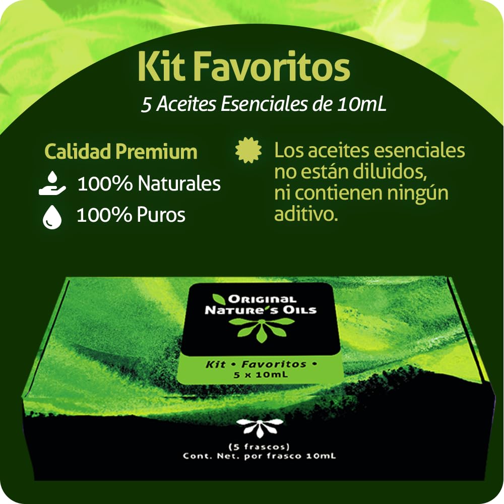 Kit de Aceites Esenciales Nature's Oils Lavanda, Árbol de Té, Eucalipto, Naranja y Menta para Difusor y Aromaterapia