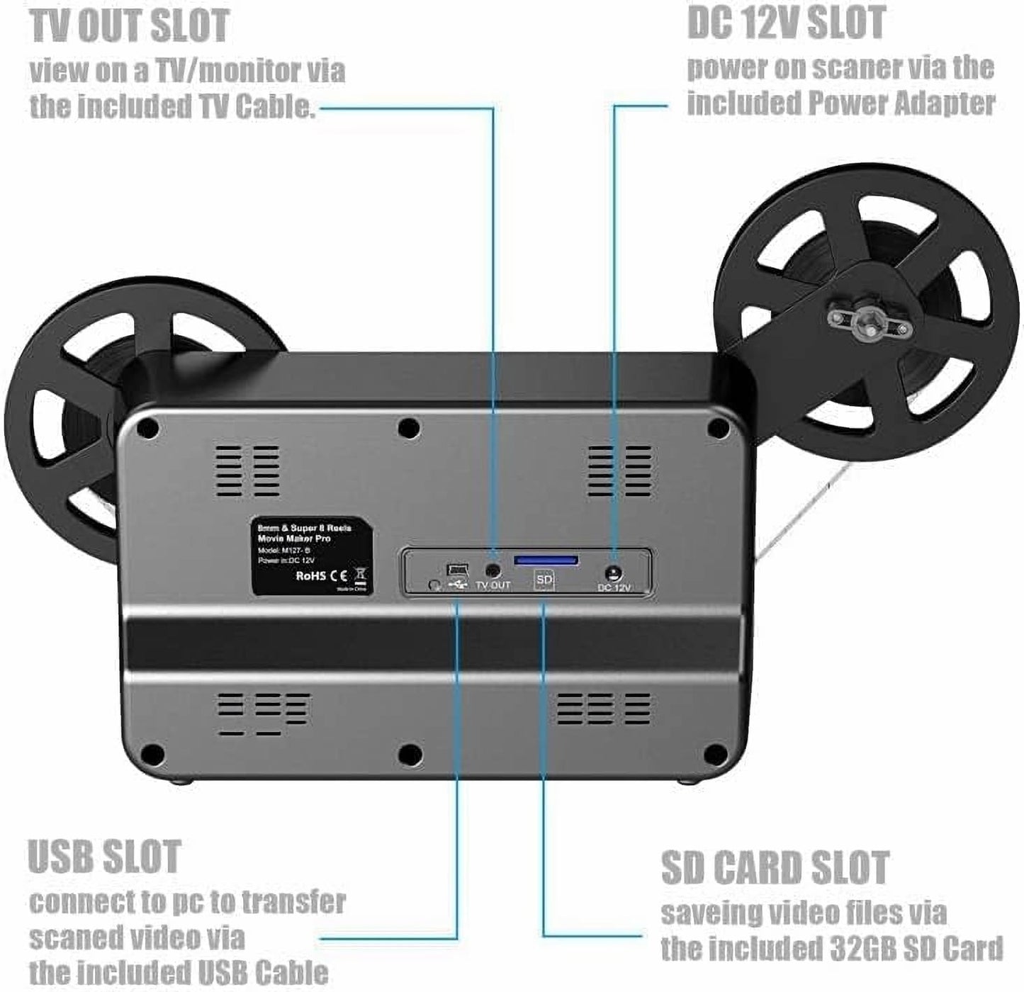 eyesen - Digitalizador de película digital MovieMaker Pro de 8 mm y Super 8 Carretes a Digital MovieMaker, escáner de película, convierte marcos por archivos MP4, con pantalla de 2.4 pulgadas, ahorro