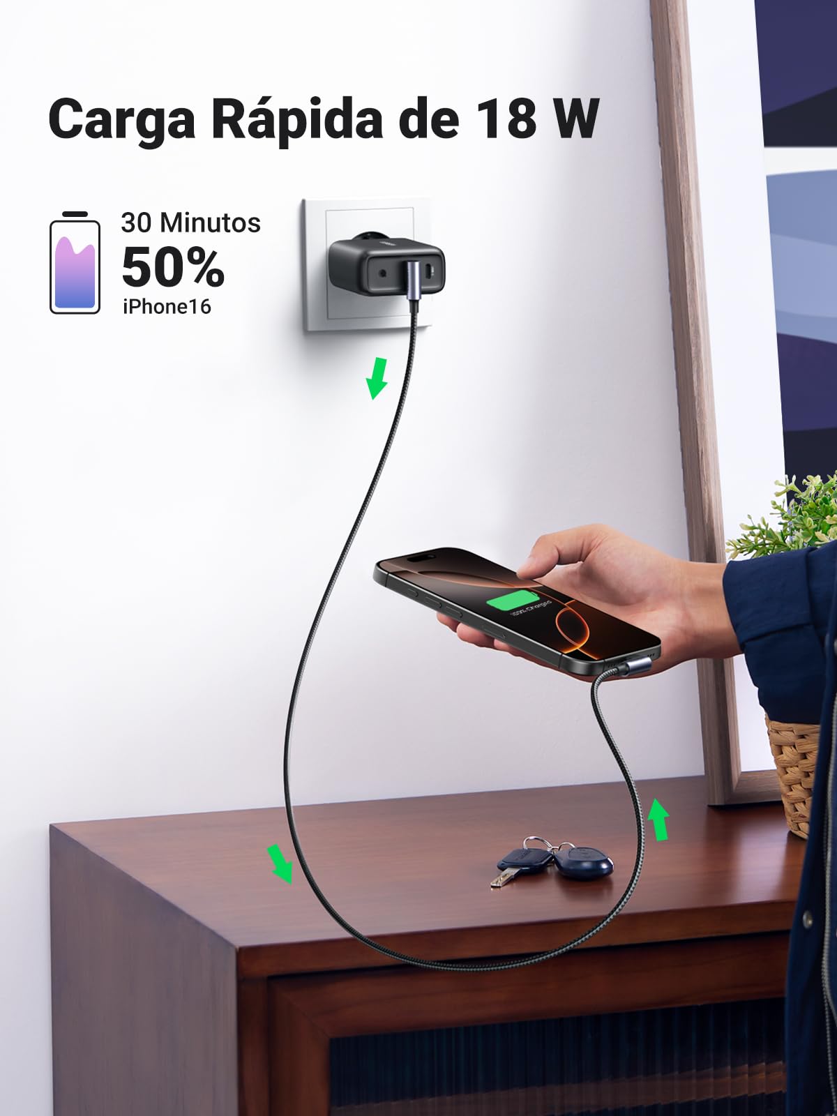 Cable USB Tipo C UGREEN Negro Trenzado Rápido de 1M para iPhone y Galaxy