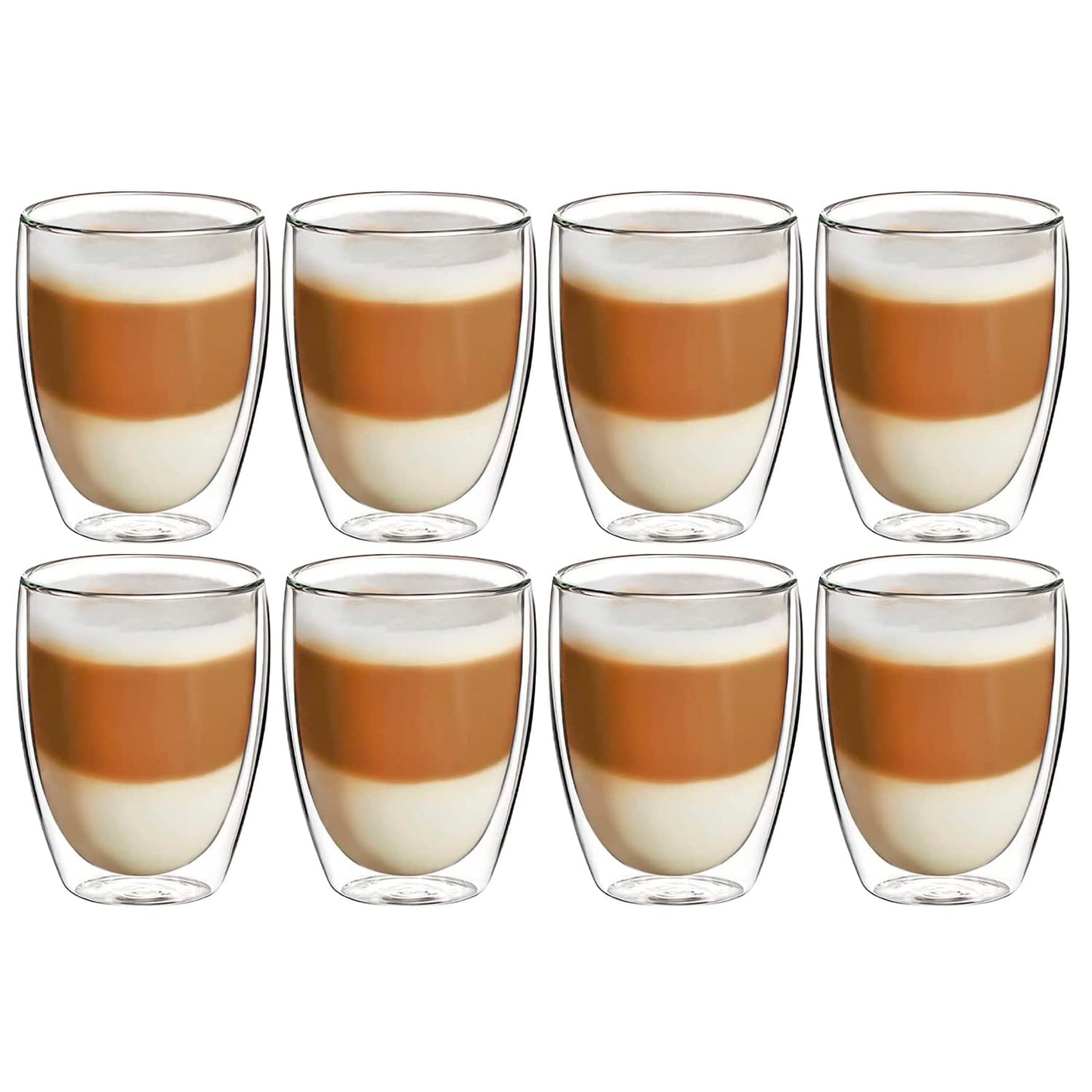 EASYWARE Premium Set de Vasos y Tazas de Doble Pared de Vidrio Termico Borosilicato Para Capucchino Espresso Té Café Etc (8 x 350 ml