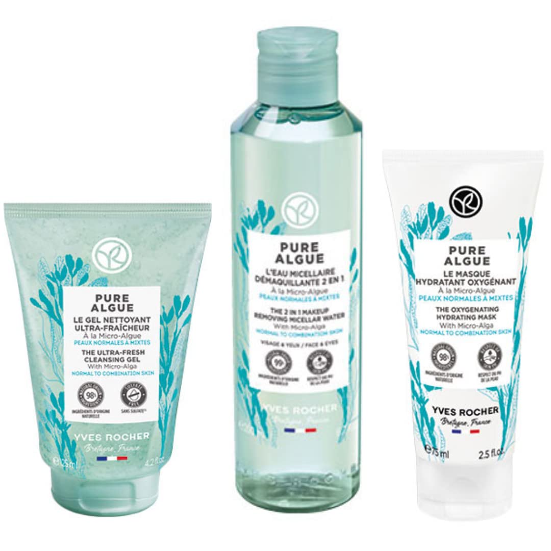 Kit Yves Rocher Rutina facial ultra refrescante: Gel Limpiador (125 ml) + Agua Micelar desmaquillante 2 en 1 (200 ml) + Mascarilla facial hidratante oxigenante (75 ml) Pure Algue