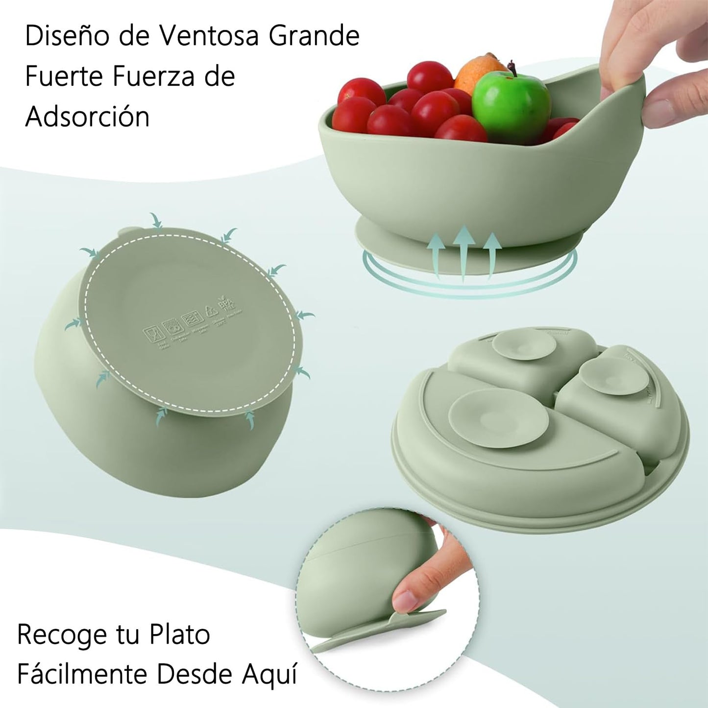 ALIYU Platos para Bebe Silicon 8PCS, Kit Alimentación Complementaria Bebe, Plato para bebe con ventosa, Baberos de silicona para bebe, Sin BPA, Fácil de limpiar, Vajilla bebe silicona (Verde)