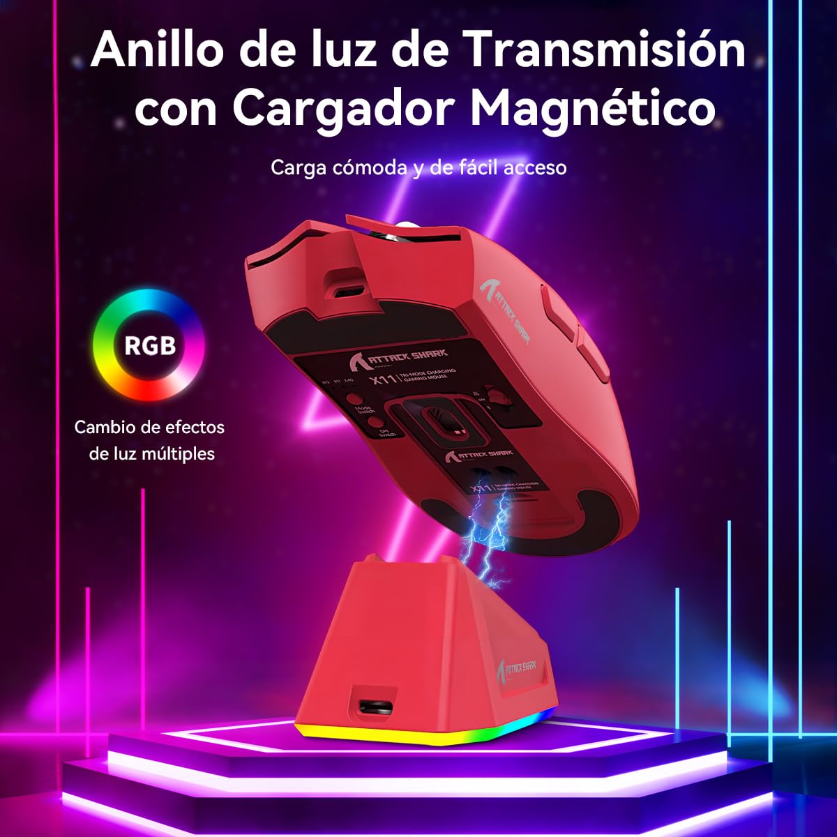ATTACK SHARK X11 Mouse Inalámbrico con Base de Carga RGB, Mouse Gamer Ultraligero para Juegos, 2.4 GHz/Bluetooth/USB-C de 3 Modos, 24000DPI, 5 Botones programables para PC/Mac