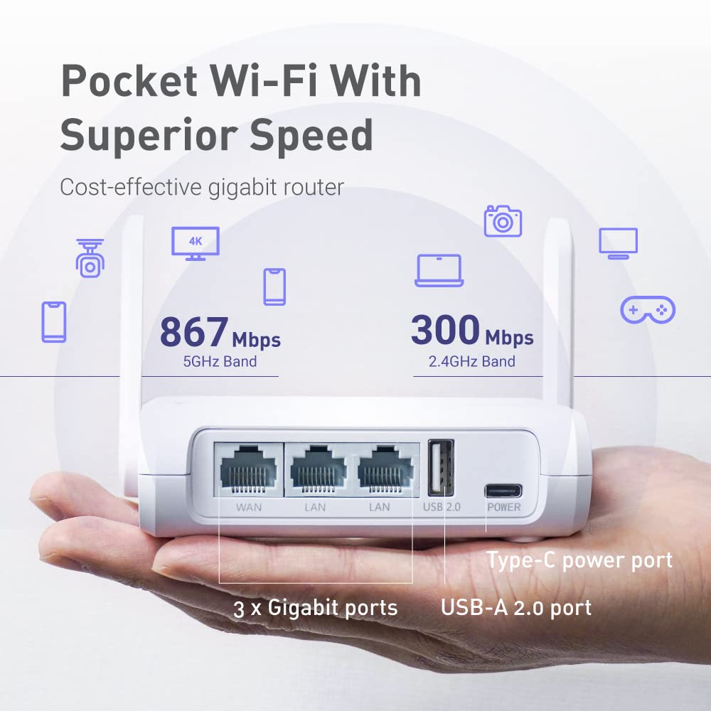 GL.iNet GL-SFT1200 (Opal) Enrutador WiFi de viaje seguro, red inalámbrica Gigabit Ethernet AC1200 de doble banda, IPv6 USB 2.0, modo de punto de acceso de puente repetidor, enrutador para uso público,