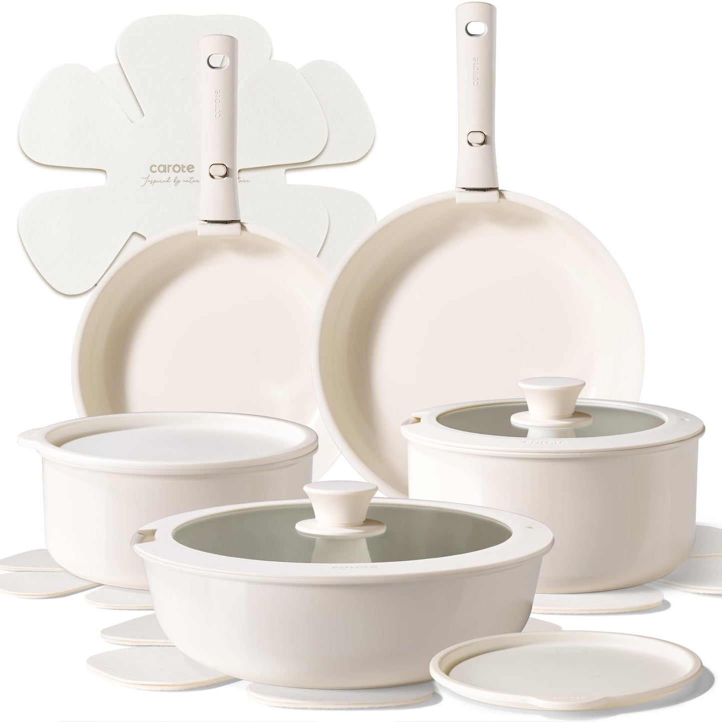 CAROTE - Juego de 15 ollas y sartenes - Batería de cocina de cerámica antiadherente con mango desmontable, utensilios de cocina de inducción para autocaravana, aptos para horno y lavavajillas