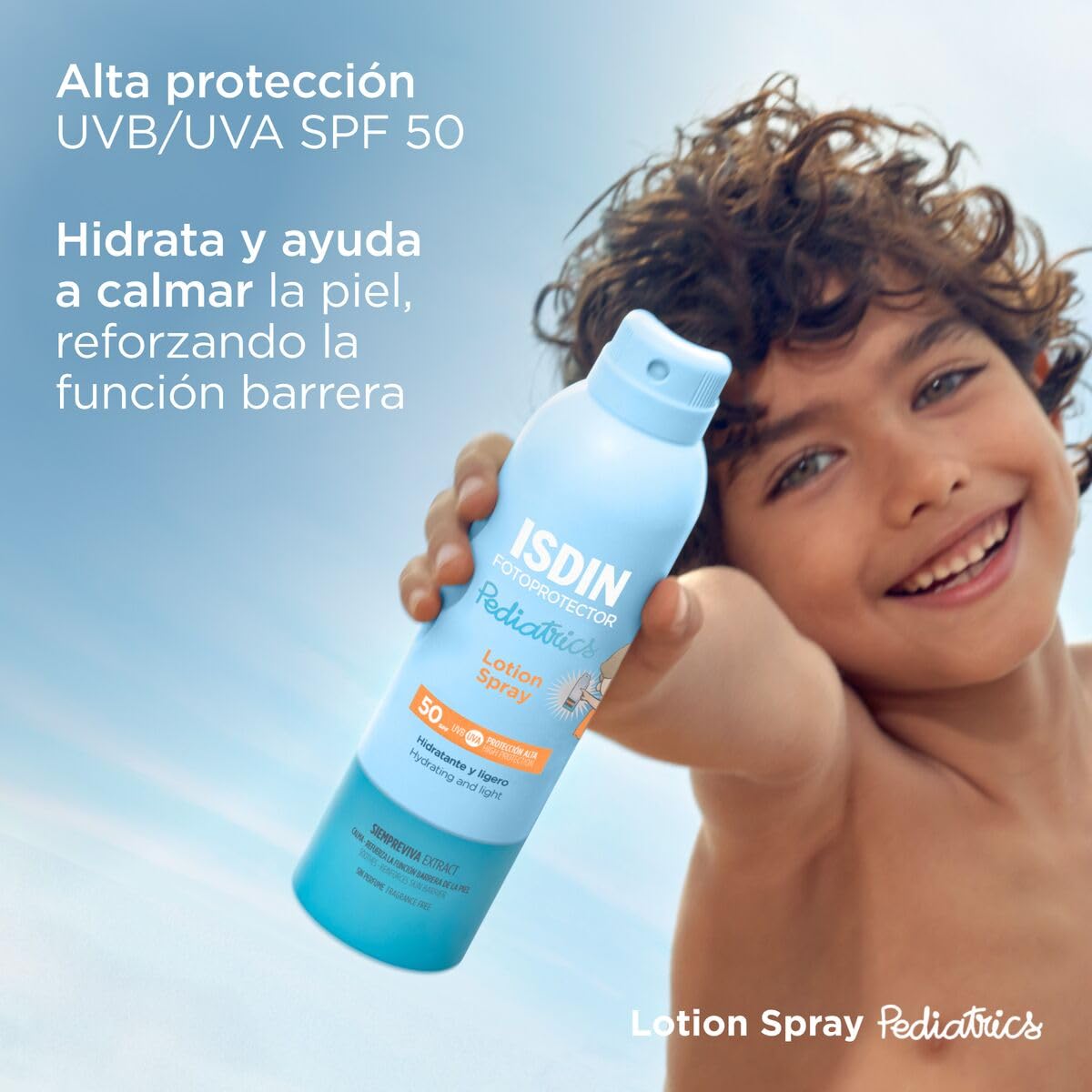 ISDIN fotoprotector lotion spray pediatrics spf 50, protector solar corporal para ninos, textura muy hidratante de absorcion inmediata para la piel del nino, 250ml
