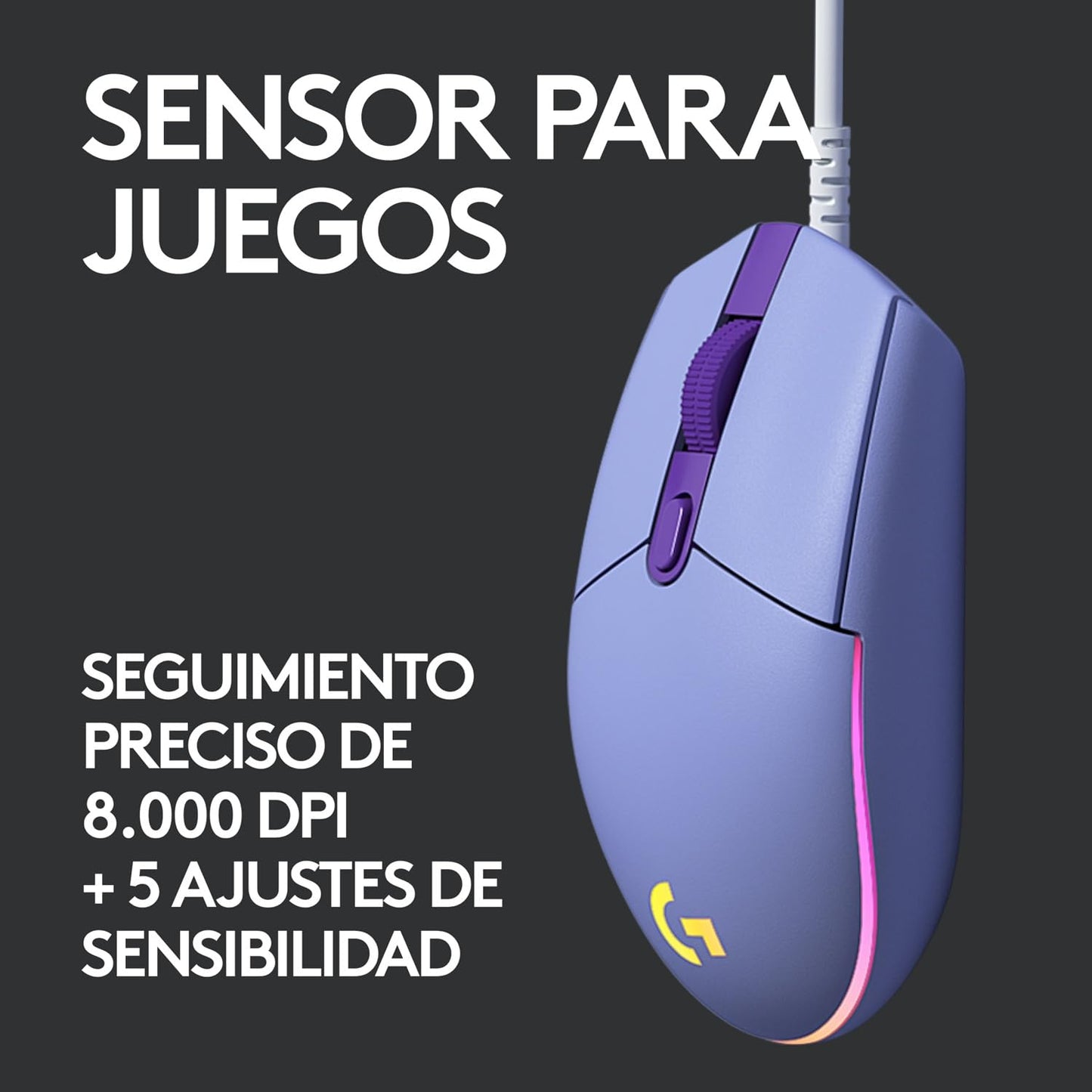 Logitech G203 LIGHTSYNC Mouse Gaming con Iluminación RGB Personalizable, 6 Botones Programables Seguimiento de hasta 8,000 DPI, Ultra-ligero - Lila