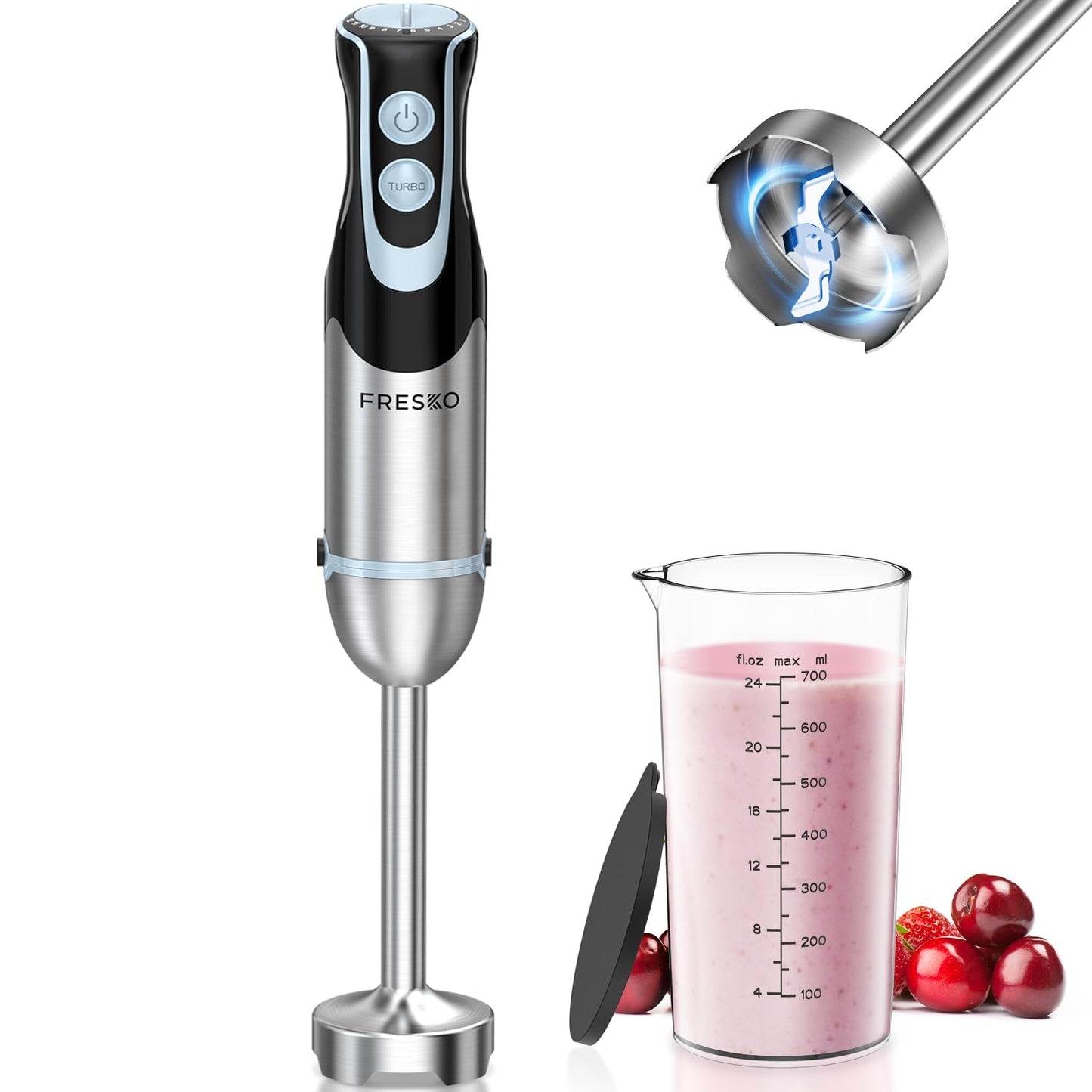 FRESKO Batidora de mano de inmersión de 500 W con vaso de 700 ml, 12 velocidades y modo turbo batidora de mano, cuchillas de acero inoxidable 304 para sopa, licuado, puré, comida para bebés