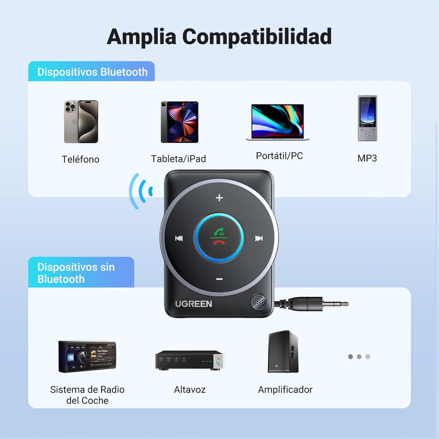 Adaptador Bluetooth UGREEN Negro Conexión Mejorada y Cancelación de Ruido para Auto